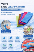 Vorre Basic 320 GSM microfiber cleaning cloth infographic detailing features and 40x40 cm dimensions.