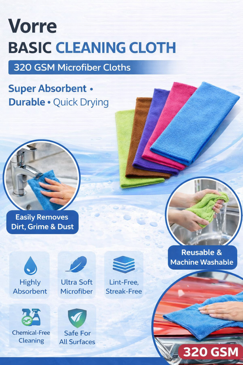 Vorre Basic 320 GSM microfiber cleaning cloth infographic detailing features and 40x40 cm dimensions.