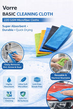 Vorre Basic cleaning cloth infographic highlighting 40x40 cm size, 220 GSM quality, and features.