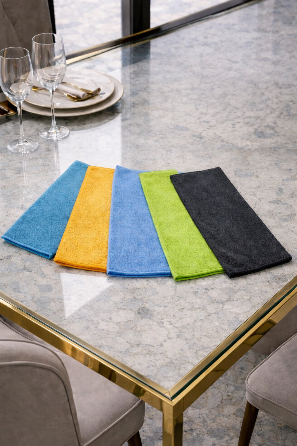 Vorre 220 GSM basic microfiber cleaning cloths in multiple colors fanned out on a marble table.