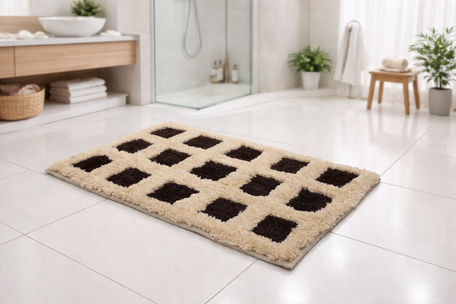 Beige and black Milan block pattern micro polyester bathmat on a modern bathroom floor.