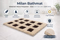 Beige Vorre Milan geometric micro polyester bathmat with badges highlighting 1800 GSM and anti-skid backing.