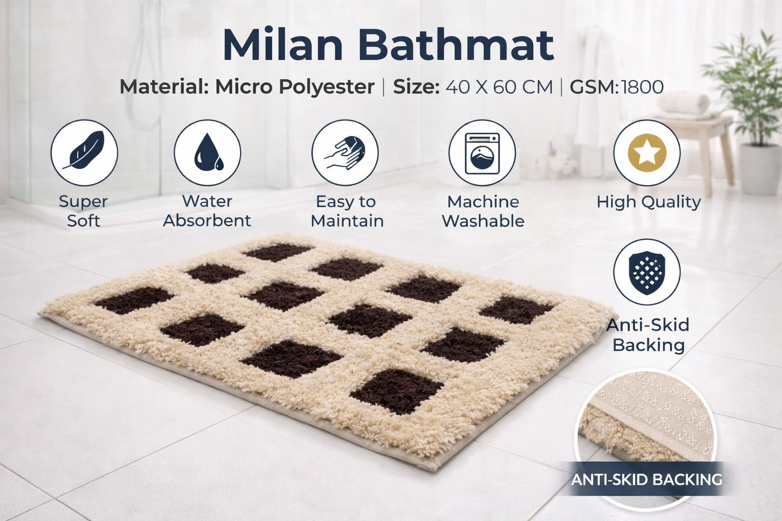 Beige Vorre Milan geometric micro polyester bathmat with badges highlighting 1800 GSM and anti-skid backing.