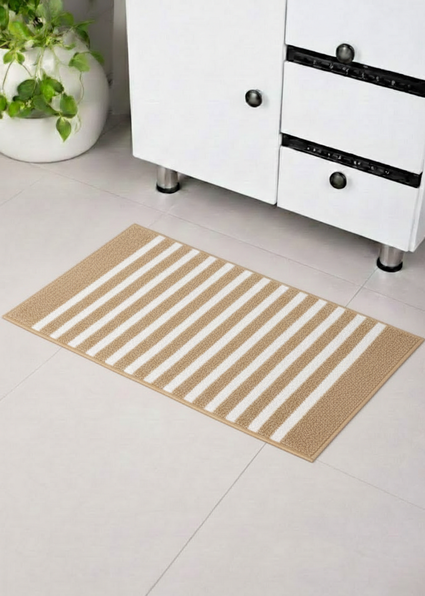 Beige tan horizon stripe micro polyester bathmat, premium 2000 GSM plush shower mat.