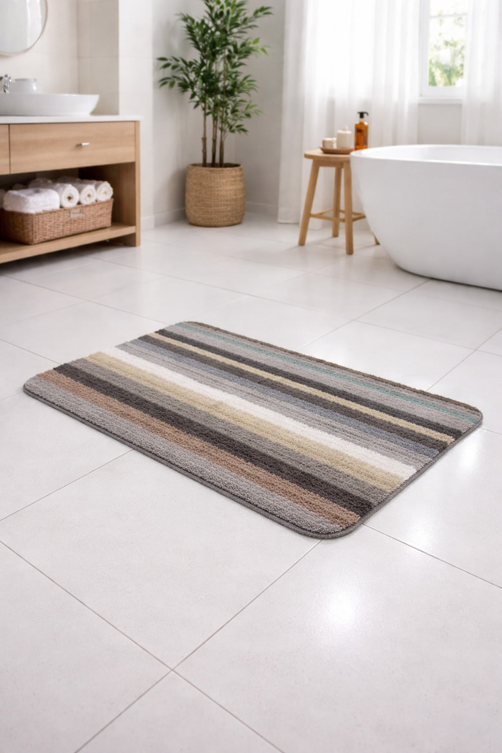 Beige tan striped Vorre Osaka micro polyester bath mat featuring a secure anti-skid base.