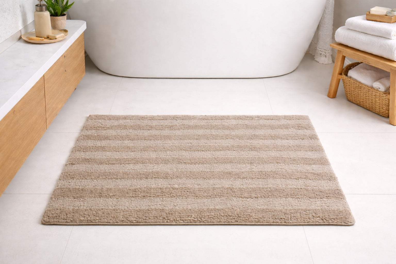 Beige tan solid stripe microfiber bathroom mat, quick-drying durable 45x75 cm rug.