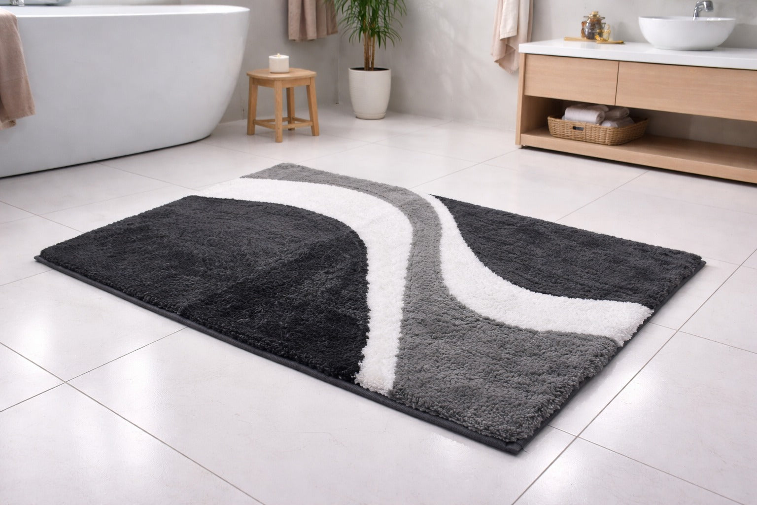 Black abstract wave Skylark micro polyester bathmat, non-slip 2400 GSM bathroom runner rug.