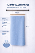 Vorre Blue Pattern Bath Towel features infographic highlighting the 280 GSM lightweight microfiber, printed geometric styles, and 70x140 cm dimensions.