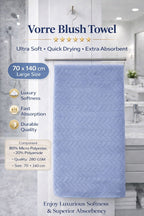Vorre Blush Bath Towel features infographic highlighting the 280 GSM lightweight fabric, lint-free quick-drying texture, and 70x140 cm size specs.