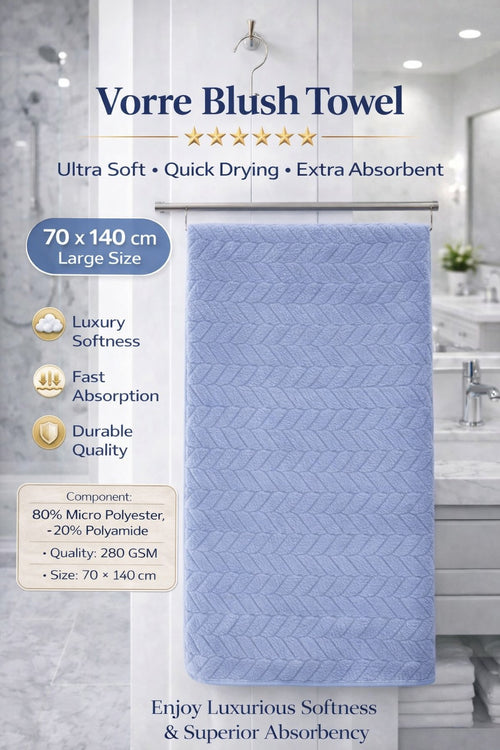 Vorre Blush Bath Towel features infographic highlighting the 280 GSM lightweight fabric, lint-free quick-drying texture, and 70x140 cm size specs.