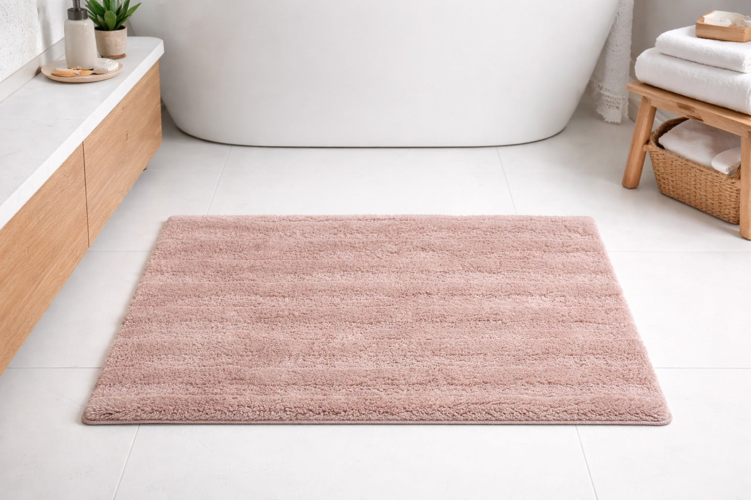 Blush pink solid stripe microfiber bath mat, ultra soft 2000 GSM luxury shower rug.