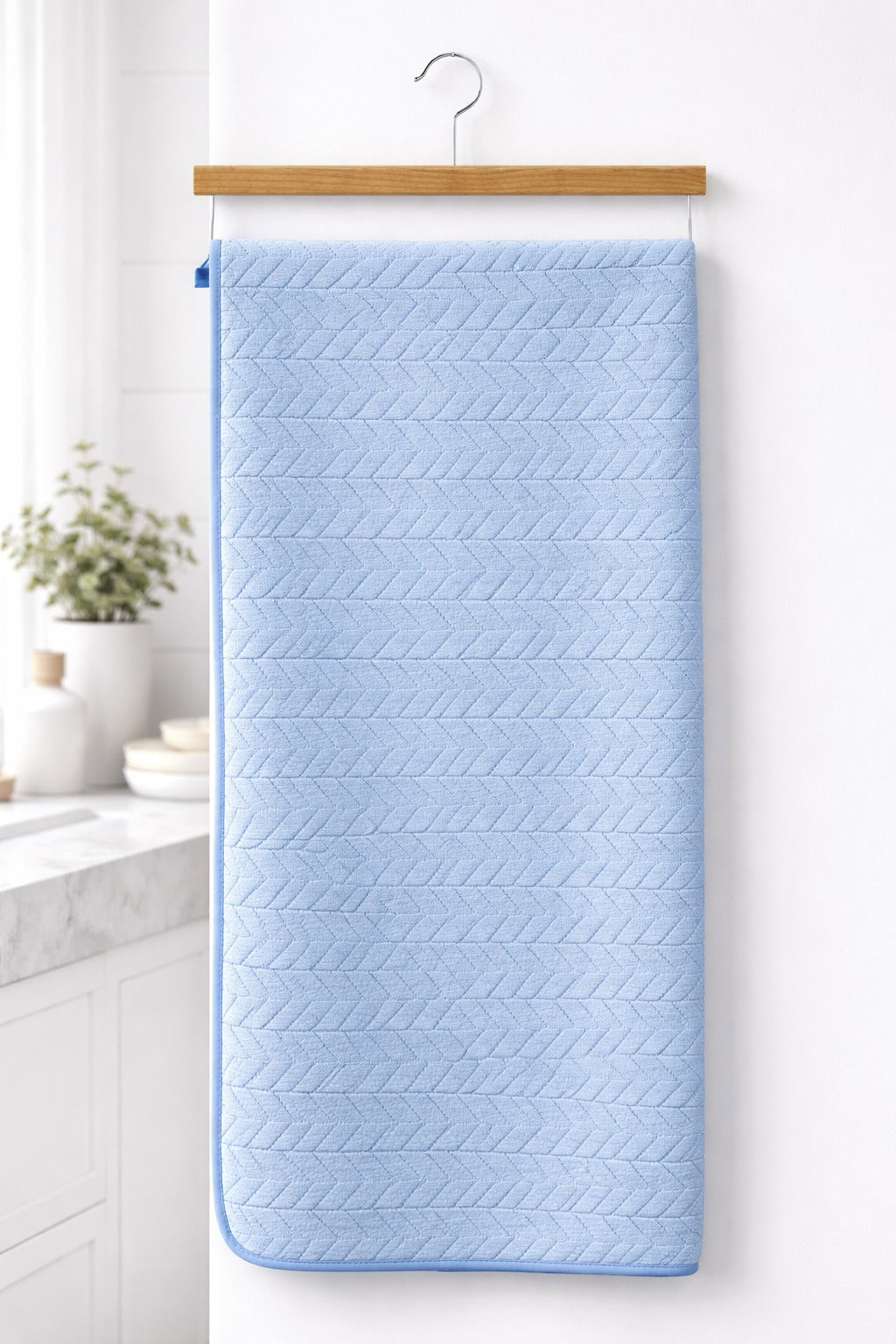 Sky blue textured Vorre Blush microfiber bath towel, multi-purpose compact utility towel for gym, spa, and travel.