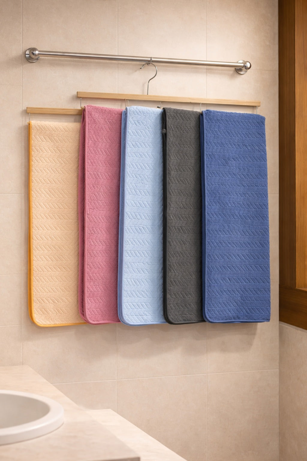 Multi-color display of Vorre Blush textured microfiber bath towels hanging neatly on a bathroom wooden towel bar.