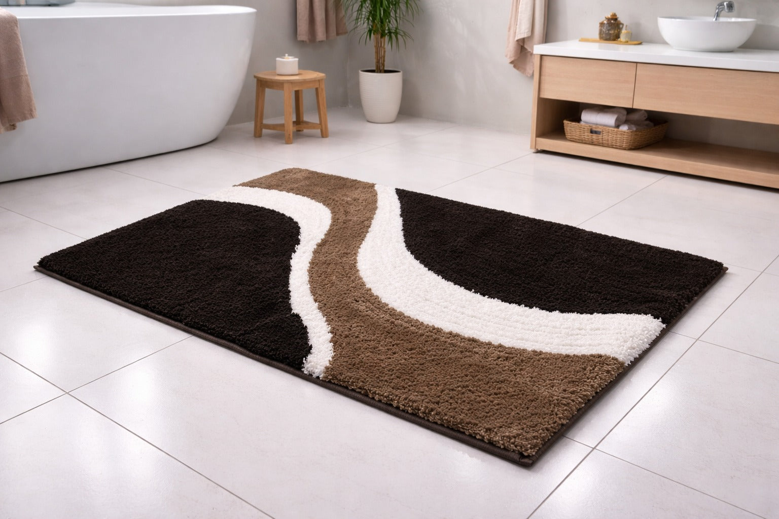Brown Skylark wavy pattern micro polyester bathmat, ultra-dense 2400 GSM luxury bathroom rug.