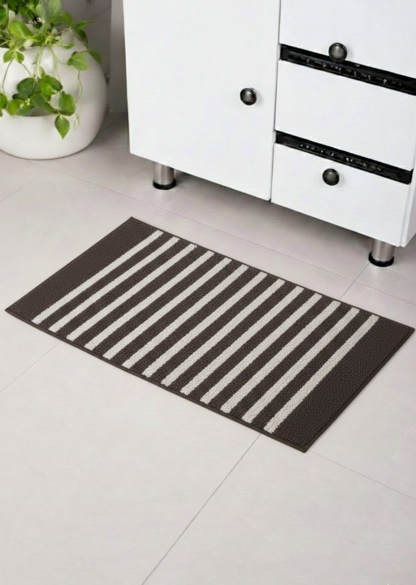 Charcoal brown horizon stripe micro polyester bathmat, plush 2000 GSM absorbent bathroom rug.