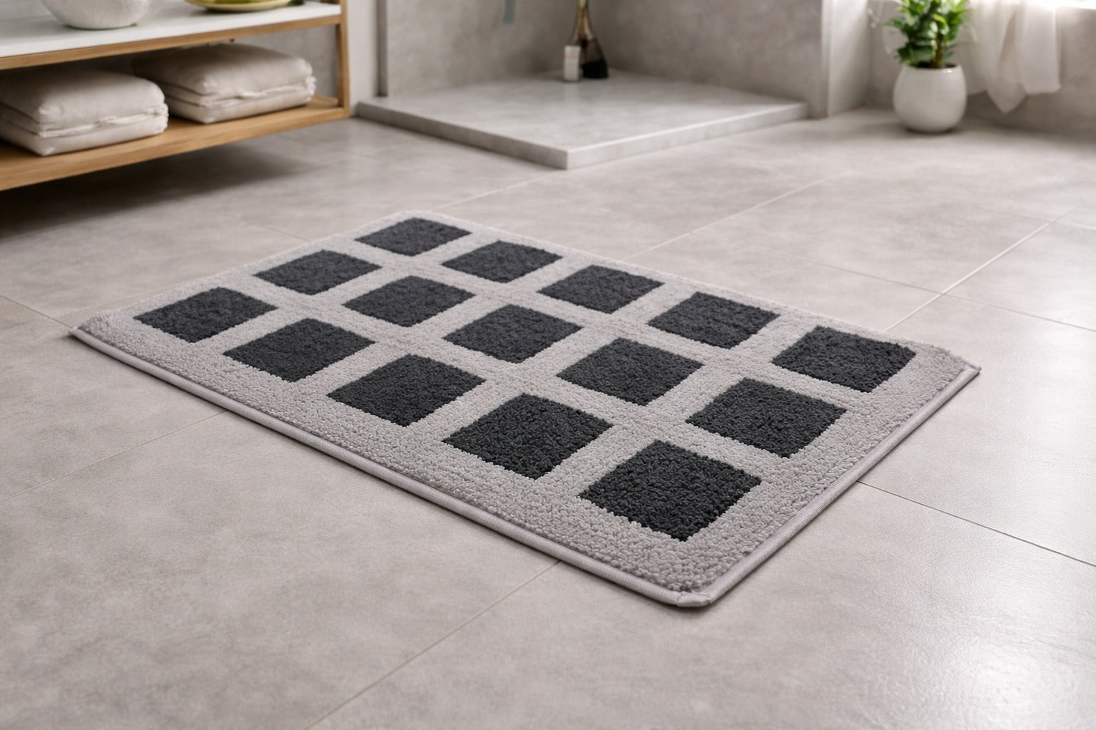 Charcoal grey Milan geometric grid micro polyester bath mat, 40x60 cm highly absorbent toilet rug.