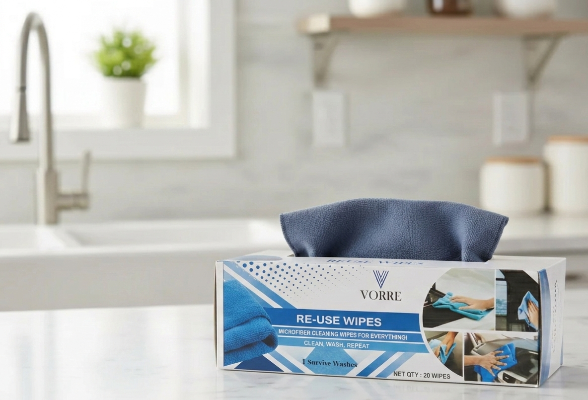 Charcoal grey Vorre reuse microfiber wipes box on a kitchen counter, lint-free cleaning cloths.