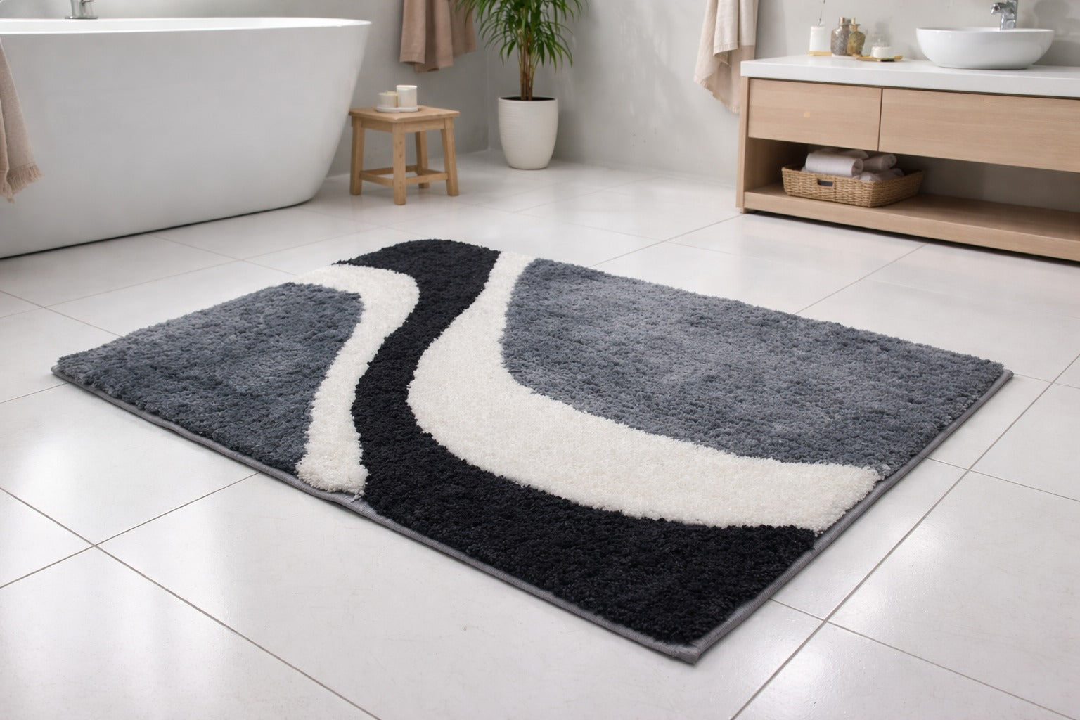 Charcoal grey Skylark wavy micro polyester bathmat, absorbent high-density plush floor mat.