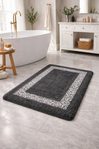 Charcoal grey Venice border frame micro polyester bath mat, 40x60 cm highly absorbent plush shower rug.