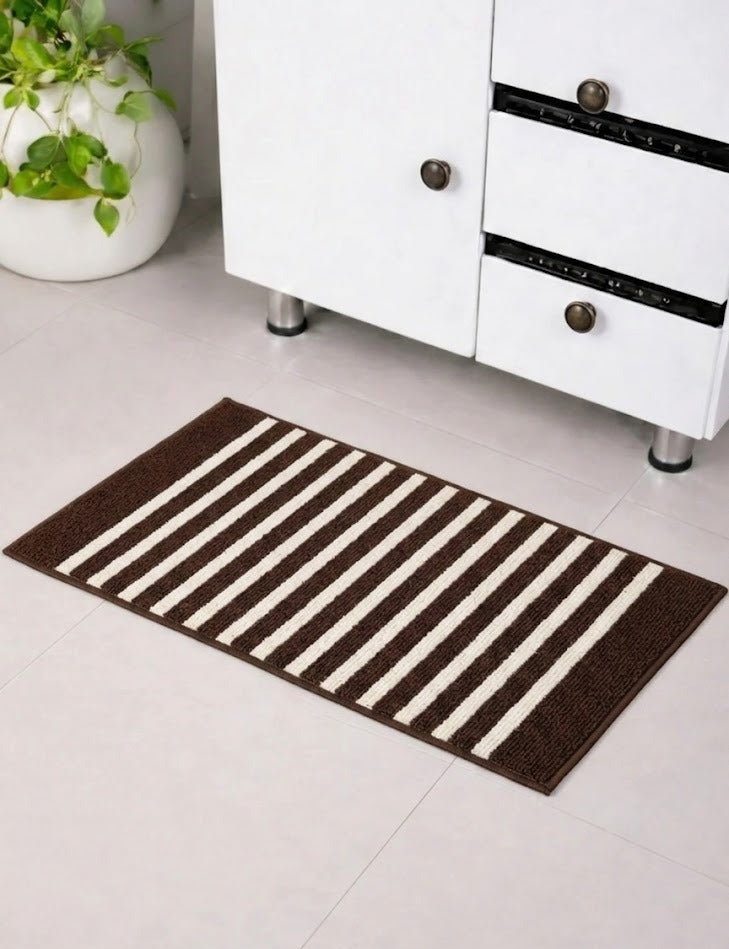 Chocolate brown horizon stripe micro polyester bathmat with non-slip TPR rubber backing.