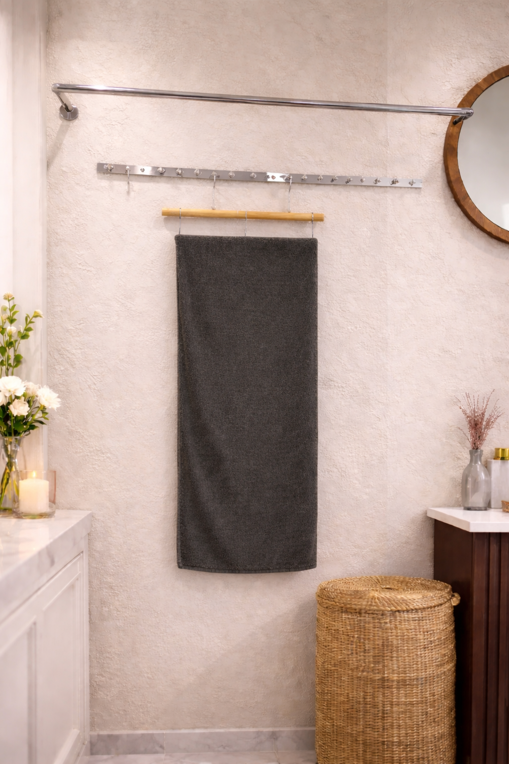 Charcoal grey Vorre Classic microfiber bath towel, durable high-absorbency 400 GSM daily use towel shown on a bathroom rack.
