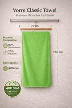 Vibrant lime green Vorre Classic microfiber bath towel, 400 GSM lint-free quick-dry towel wrapped with a luxury brand paper band.