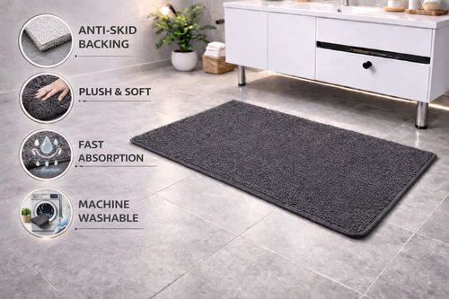 Vorre classic micro polyester bathmat features showing anti-skid TPR backing and machine washable icons.