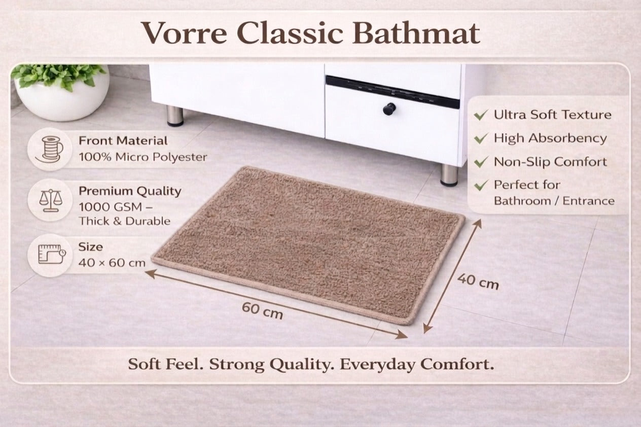 Specifications infographic for Vorre classic micro polyester bath mat, detailing 40x60 cm size.