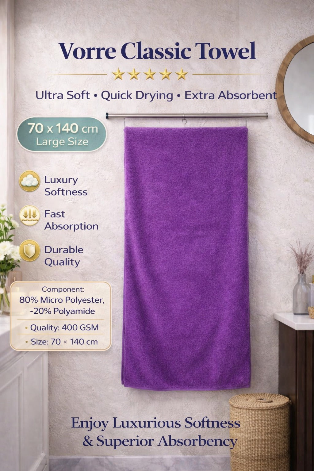 Vorre Classic Bath Towel features infographic highlighting the 400 GSM heavy microfiber blend, lint-free plush finish, and 70x140 cm size specs.