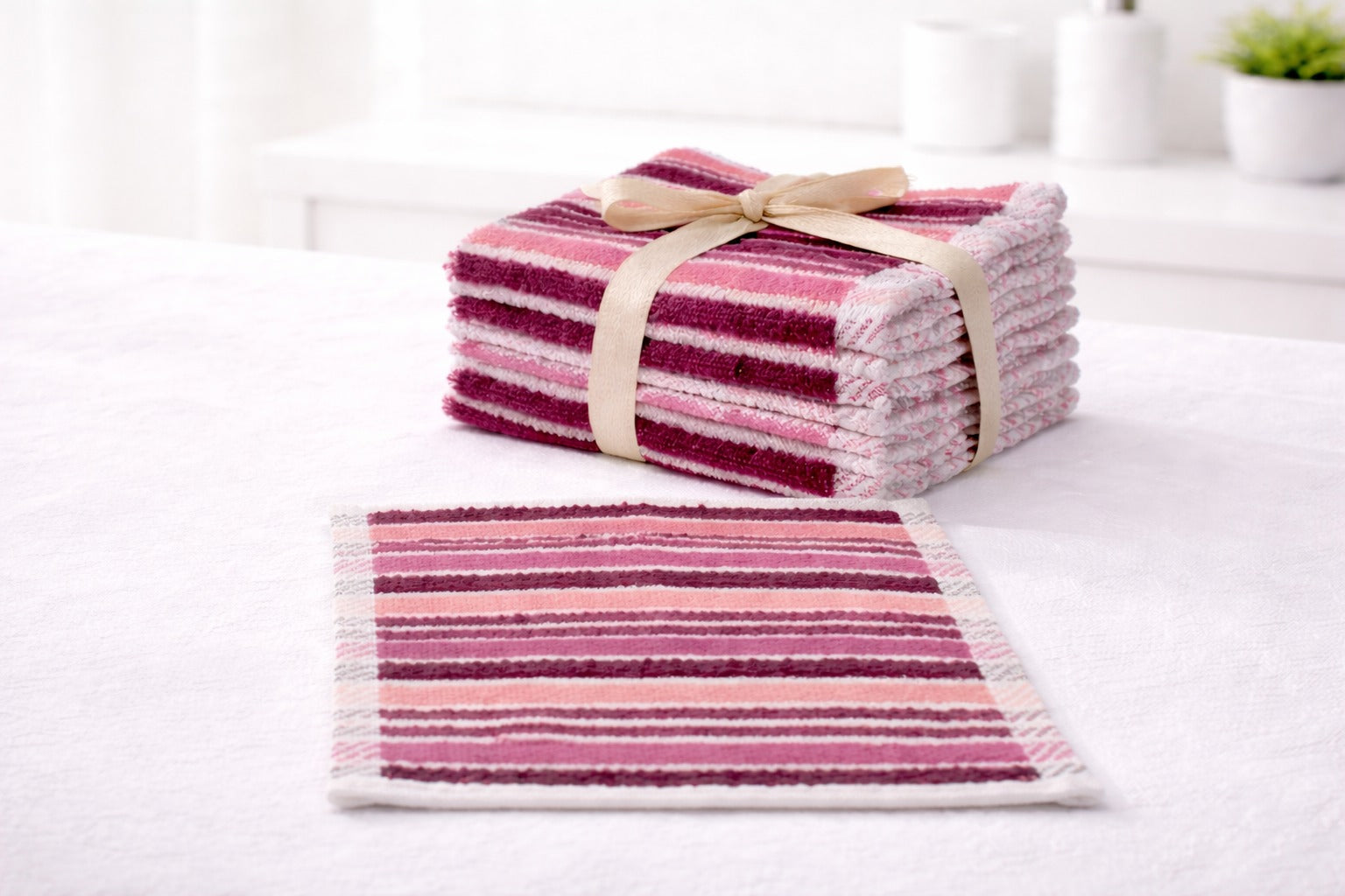 Coral pink striped premium cotton washcloths 12 pack, soft skin-friendly face towels.