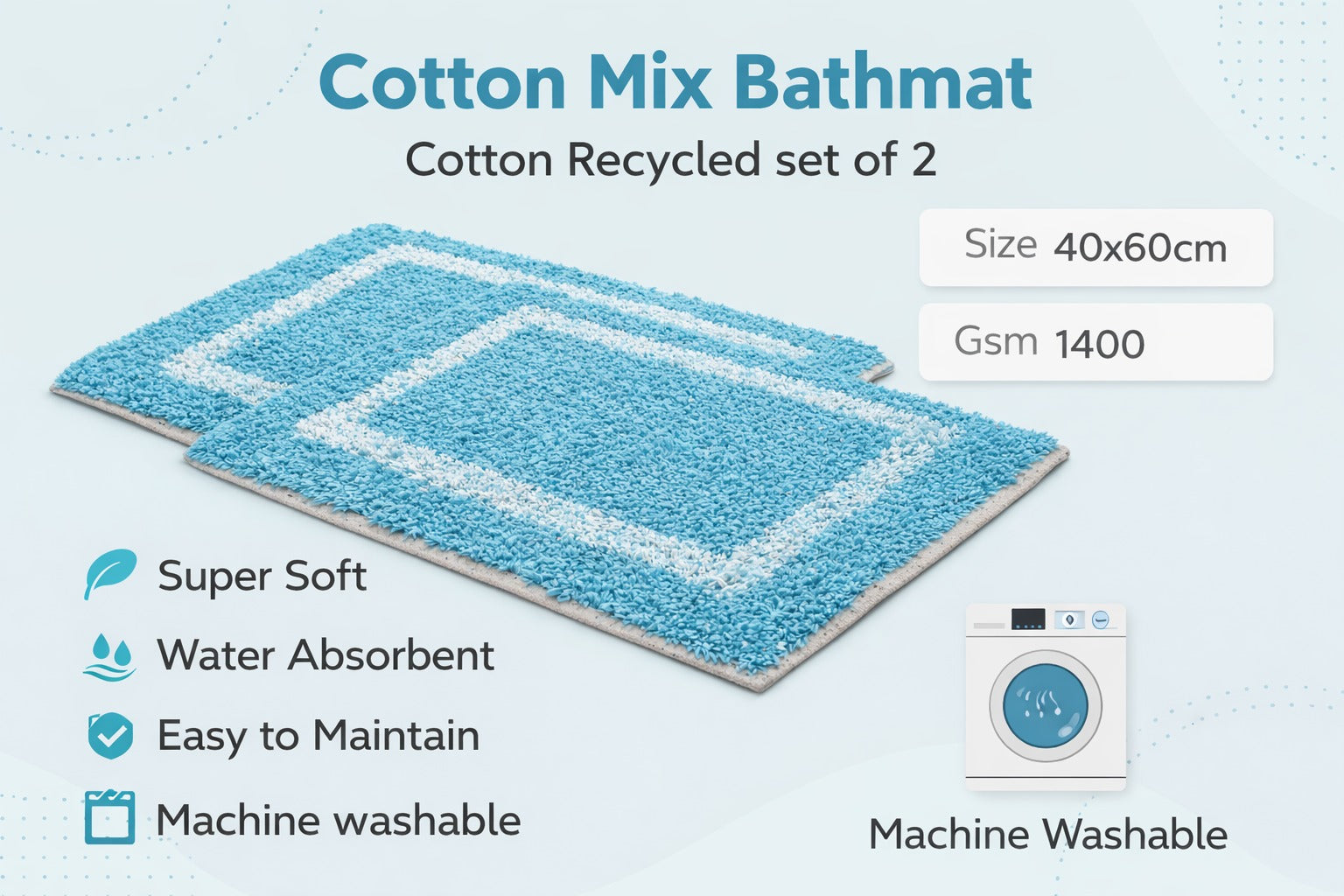 Vorre cotton mix bathmat infographic showing 40x60 cm size, 1400 GSM weight, and machine washable feature.