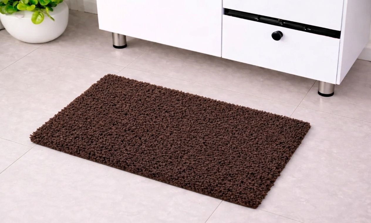 Dark brown chocolate ultra-plush loft micro polyester bathmat on a tiled bathroom floor.