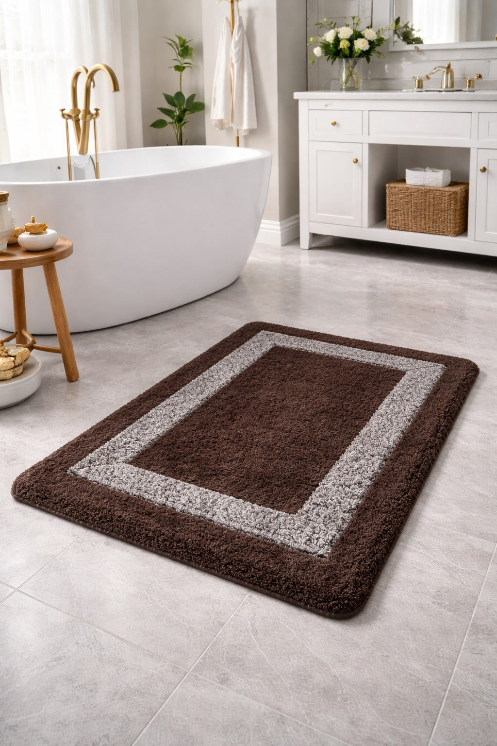 Dark brown Venice border frame micro polyester bathmat with an anti-skid backing next to a white bathtub.