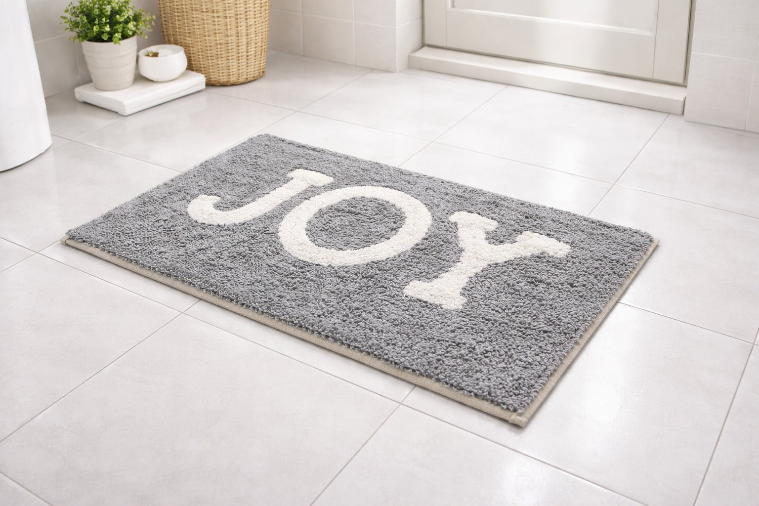Grey Vorre Joy text recycled cotton bathmat, premium 1500 GSM absorbent typography bathroom rug set.