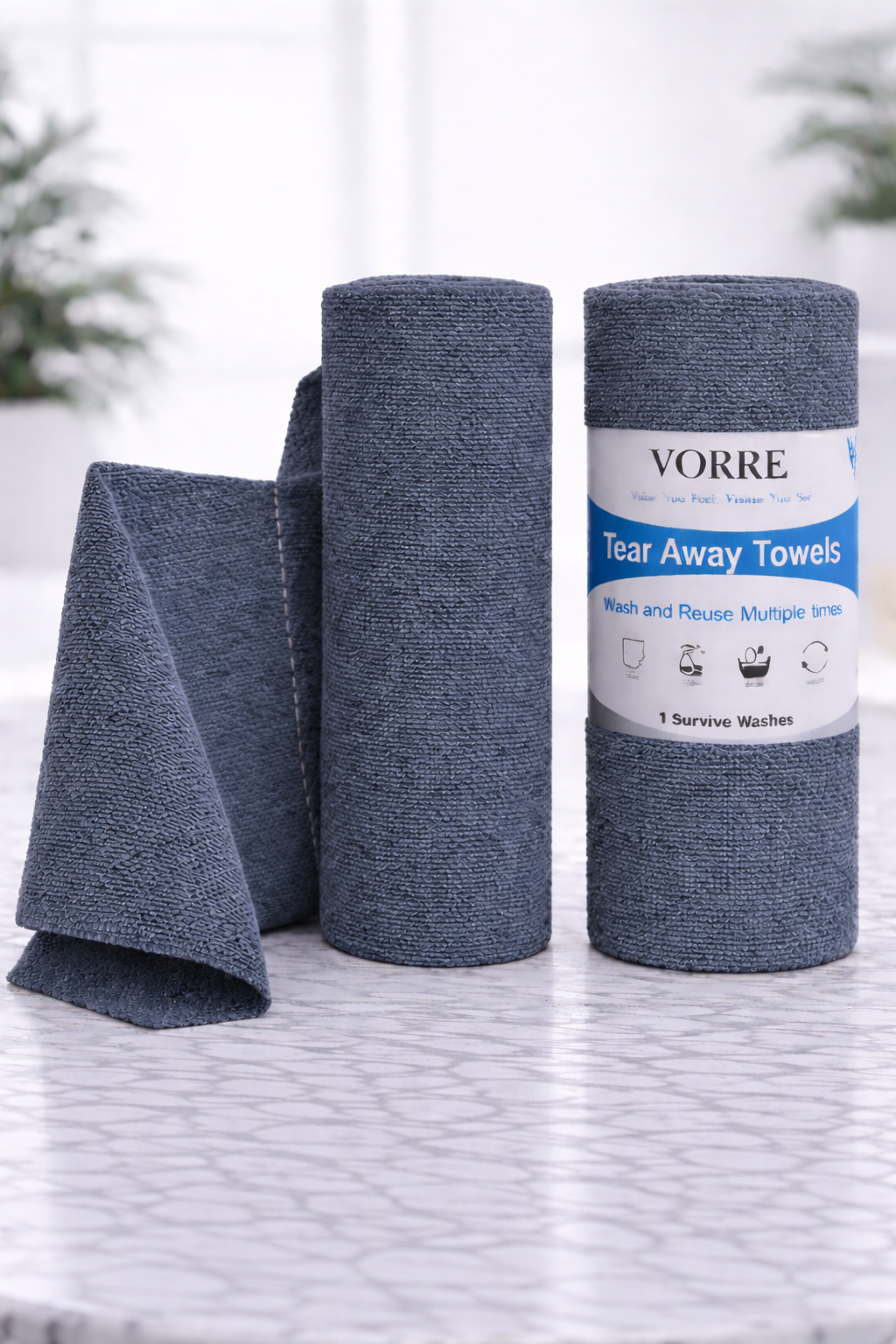 Grey tear-away microfiber towel roll by Vorre, 20 piece lint-free reusable cleaning sheets.