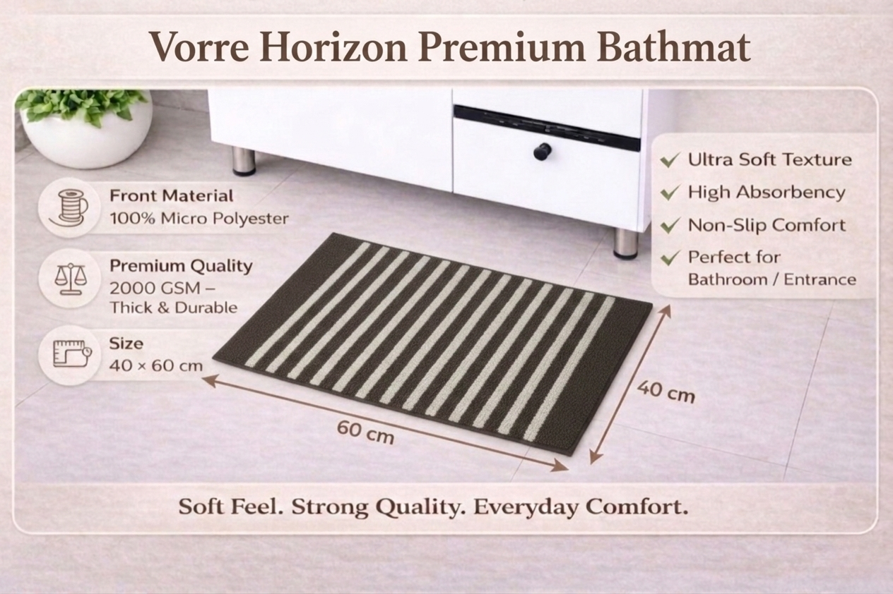Specifications infographic for Vorre Horizon premium micro polyester bathmat, 40x60 cm size.