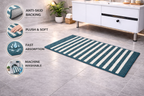 Features infographic for Vorre horizon stripe micro polyester bathmat showing anti-skid backing.