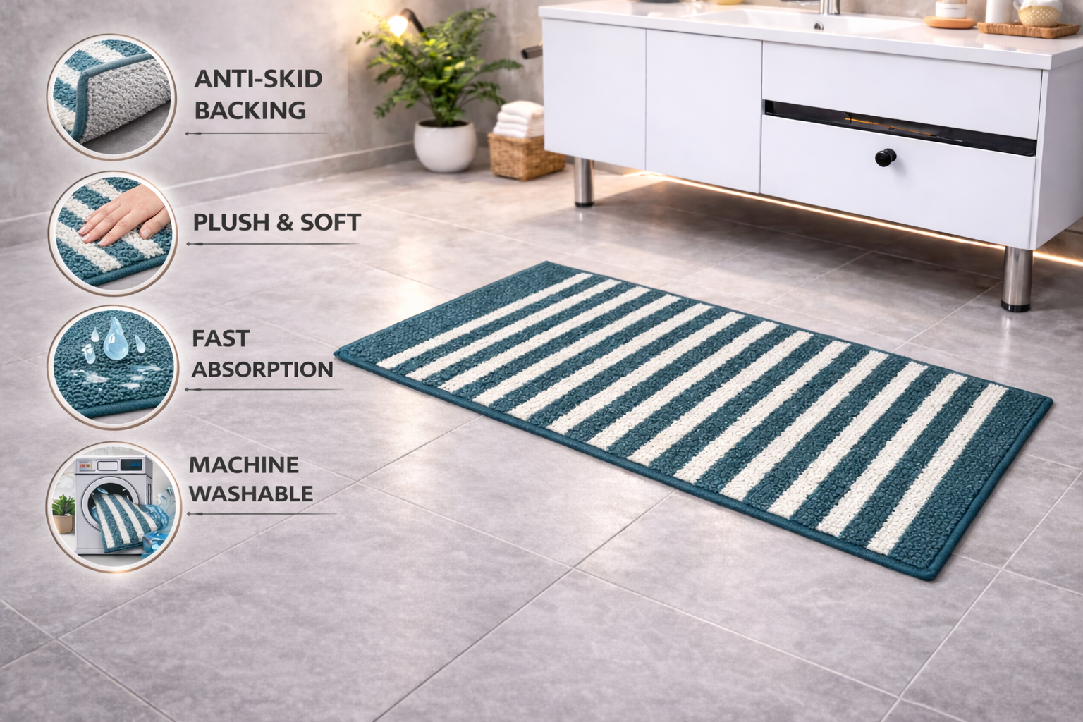 Features infographic for Vorre horizon stripe micro polyester bathmat showing anti-skid backing.