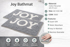 Vorre Joy bathmat infographic highlighting 40x60 cm size, 1500 GSM thickness, and machine washable recycled cotton.