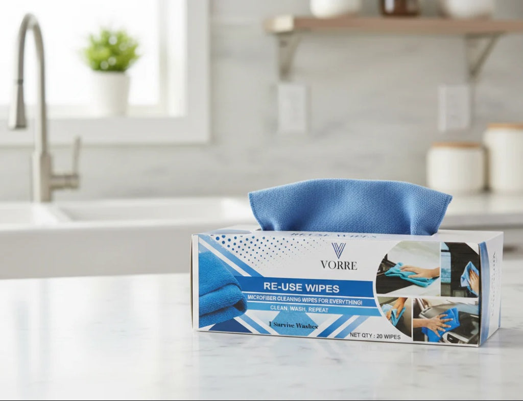 Light blue Vorre reuse microfiber cleaning wipes in a pull-out box for easy dispensing.