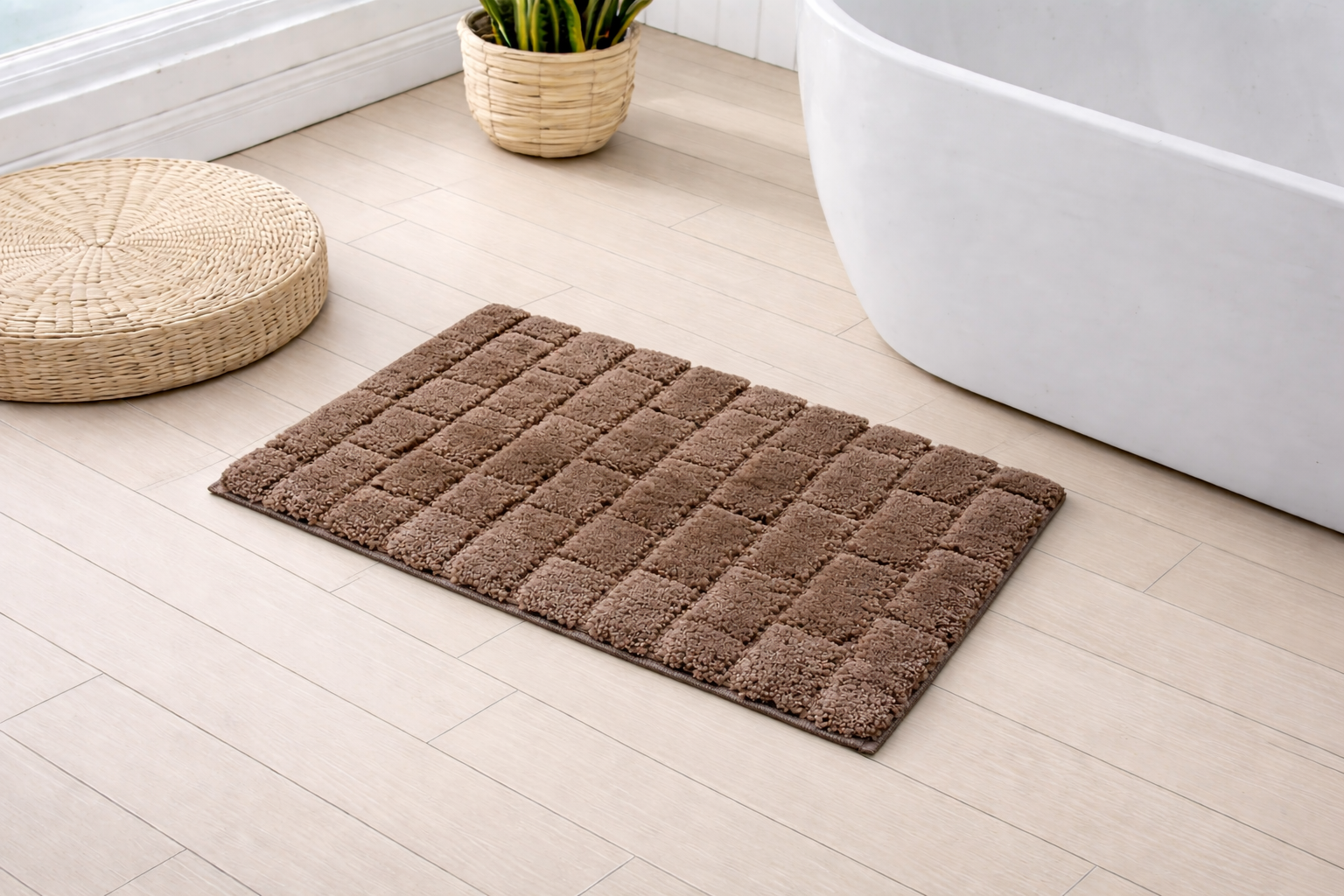 Light brown grid texture micro polyester bathmat by Vorre, plush 2000 GSM shower rug.