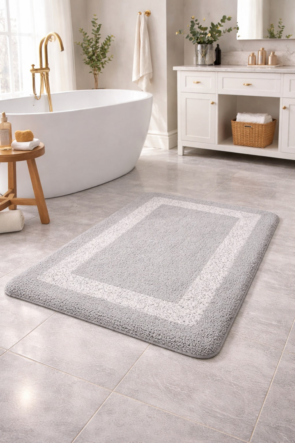 Light grey Vorre Venice border frame micro polyester bathmat, plush 1800 GSM absorbent bathroom rug.