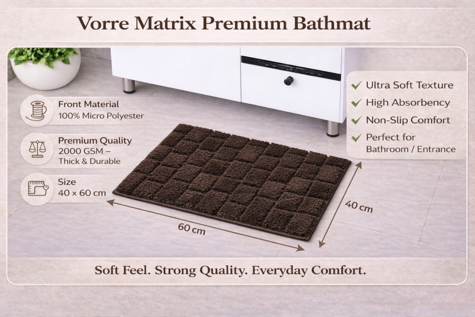 Specifications infographic for Vorre Matrix premium micro polyester bathmat, 40x60 cm size.