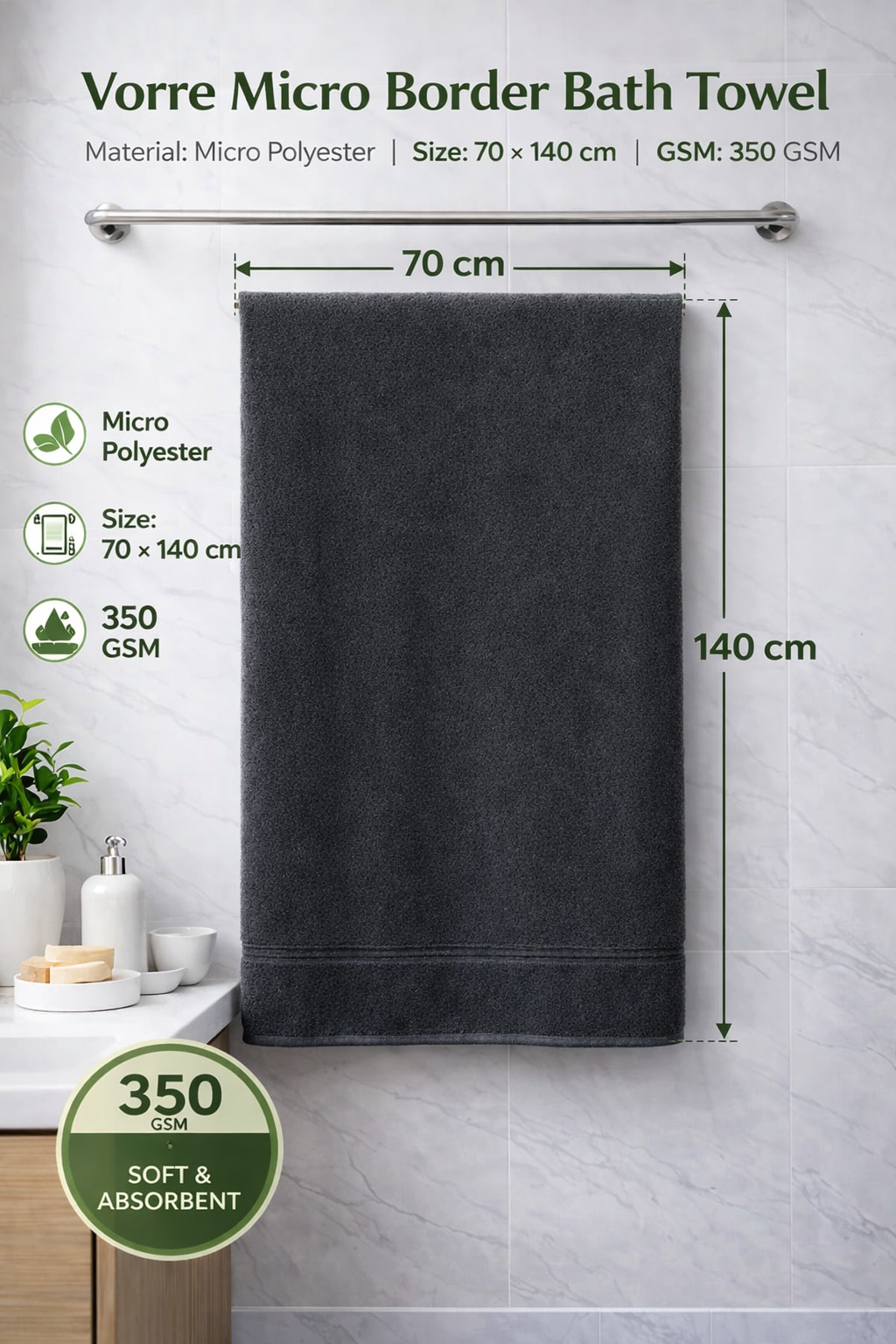 Size blueprint infographic for the charcoal grey Vorre Micro Border bath towel highlighting the 70x140 cm dimensions and balanced 350 GSM texture.