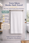 Vorre Micro Border white bath towel product infographic showcasing its premium fabric quality, everyday comfort, and high absorbency.