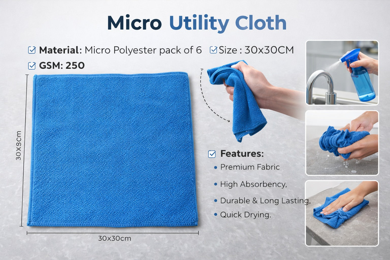 Vorre micro utility cloth infographic detailing 40x60 cm size, 220 GSM, and kitchen cleaning features.