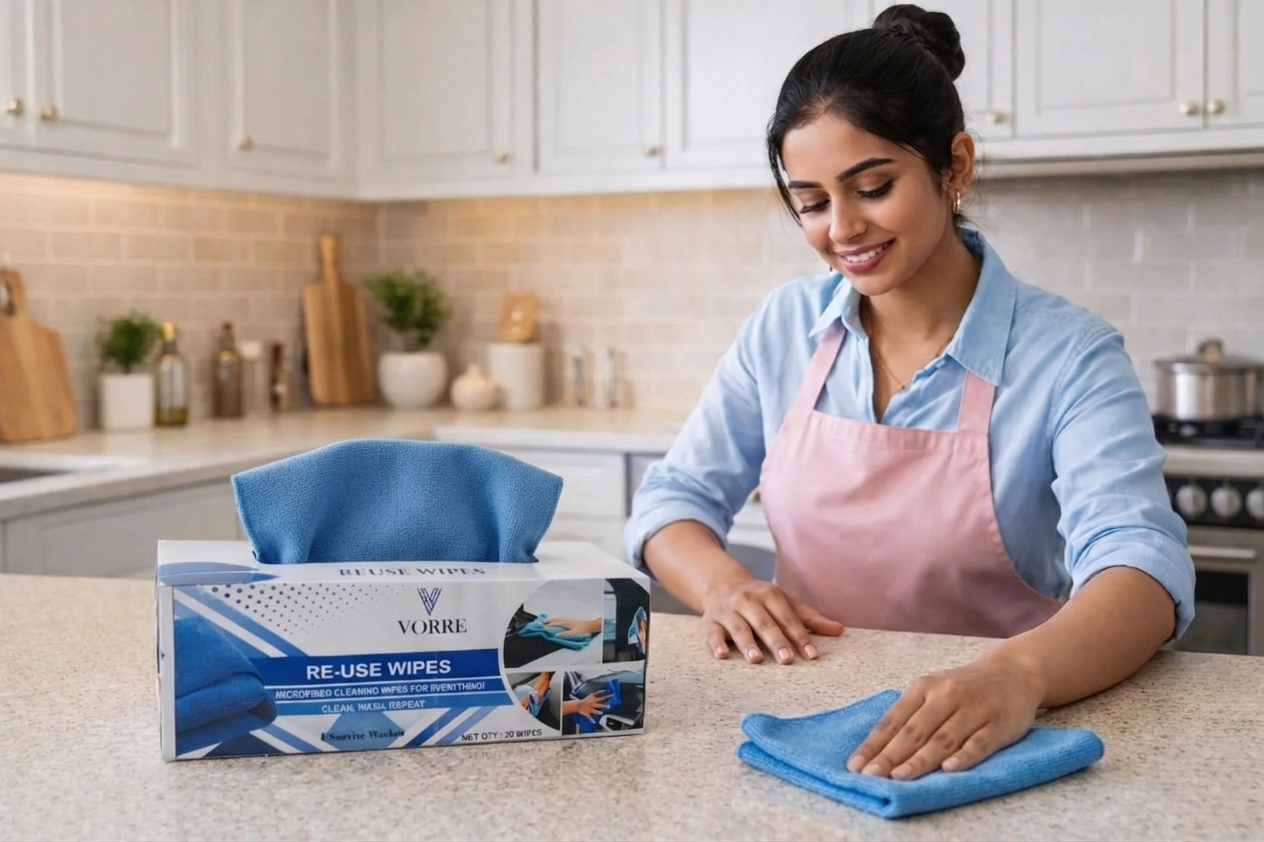 Vorre Re-Use Wipes dispenser box showing a 20-pack of washable and reusable microfiber cleaning wipes being used for everyday kitchen counter wiping