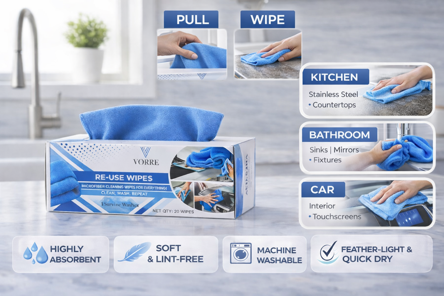 Feature graphic for Vorre microfiber wipes showing kitchen, bathroom, and car interior cleaning uses