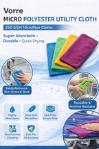 Vorre micro utility cloth infographic detailing 30x30 cm size, 250 GSM thickness, and absorbency.