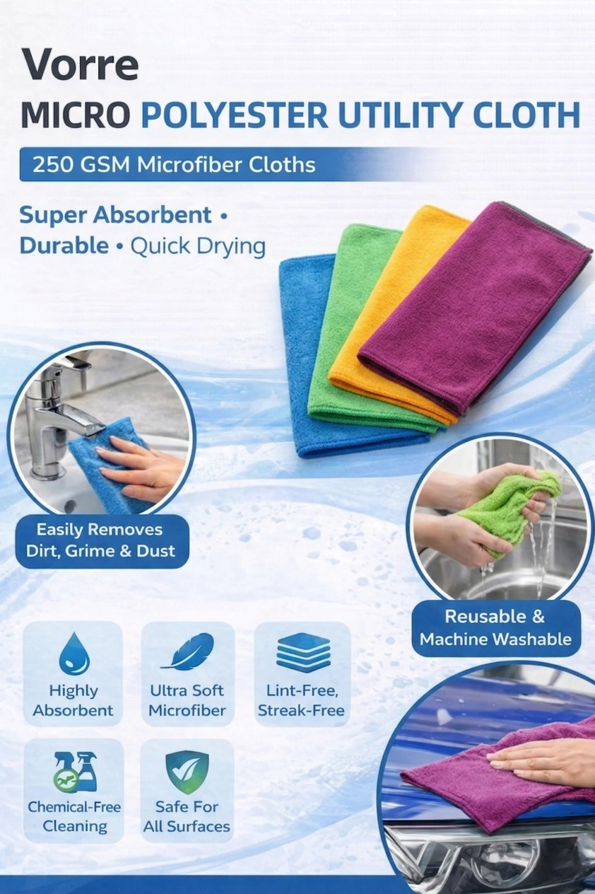 Vorre micro utility cloth infographic detailing 30x30 cm size, 250 GSM thickness, and absorbency.